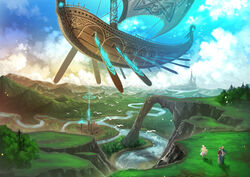  2boys aircraft airplane airship bird black_footwear blonde_hair blue_scarf boat boots brown_footwear brown_pants castle cliff cloud cloudy_sky commentary_request day dress fantasy female forest glowing goggles goggles_on_head grass highres jacket kuzuboshi_hikaru long_hair long_sleeves mountain multiple_boys nature oar original outdoors pants partial_commentary pink_dress pink_hair red_shirt river sailboat scarf scenery shirt shoes short_hair short_sleeves sky spire standing vehicle_focus water watercraft wavy_hair white_hair white_jacket white_pants wide_shot 