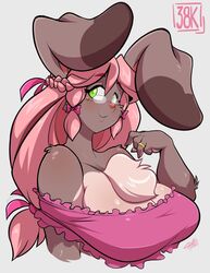  anthro big_breasts breasts bust_portrait chalo eyewear female glasses hair huge_breasts lagomorph las_lindas leporid mammal portrait rabbit ring smile solo taffy_(las_lindas) 