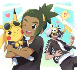  !? 2boys blush bracelet clothed_pokemon commentary_request green_hair guzma_(pokemon) hau_(pokemon) heart holding holding_pokemon hood hoodie jewelry male_focus motion_lines multiple_boys one_eye_closed open_clothes open_hoodie open_mouth pants pikachu pokemon pokemon_(creature) pokemon_sm sewenan shirt short_sleeves smile spoken_interrobang sunglasses teeth tongue watch white_shirt wristwatch yellow-framed_eyewear 