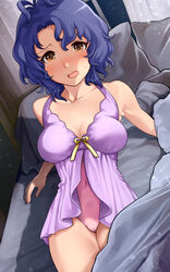  :o absurdres antenna_hair arm_support bad_id bad_pixiv_id bare_shoulders bed bed_sheet blanket blue_hair blush bow breasts brown_eyes cleavage collarbone curtains female hanamasa_ono highres idolmaster idolmaster_million_live! indoors large_breasts leotard lingerie looking_at_viewer navel_piercing negligee on_bed open_mouth piercing pillow pink_leotard short_hair sleeveless solo sweat thighs toyokawa_fuka underwear window yellow_bow 