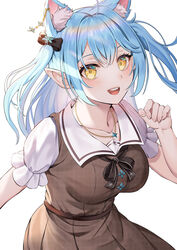  :d absurdres ahoge animal_ear_fluff animal_ears black_bow black_bowtie blue_hair blush bow bowtie breasts brown_dress cat_ears collarbone dress ear_piercing ebinomi elf extra_ears female fingernails highres hololive jewelry long_hair looking_at_viewer medium_breasts multicolored_hair necklace official_alternate_costume official_alternate_hairstyle open_mouth paw_pose piercing pinafore_dress pink_hair pointy_ears ponytail sailor_collar sailor_dress shirt simple_background sleeveless sleeveless_dress smile solo streaked_hair teeth two_side_up upper_teeth_only virtual_youtuber white_background white_shirt yellow_eyes yukihana_lamy yukihana_lamy_(casual) 