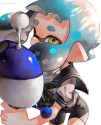  bad_id bad_pawoo_id bike_shorts black_shorts blue_hair close-up commentary_request female frown gun highres holding holding_gun holding_weapon inkling inkling_girl inkling_player_character leaning_forward looking_at_viewer luna_blaster_(splatoon) mnr020521 pointy_ears sailor_collar school_uniform shirt short_hair short_shorts short_sleeves shorts simple_background solo splatoon_(series) tentacle_hair weapon white_background white_shirt yellow_eyes 