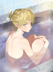  1boy bathing bathtub blonde_hair blue_eyes commentary from_behind hugging_own_legs interlocked_fingers jitome kagamine_len knees_up looking_at_viewer looking_back male_focus naoko_(naonocoto) nude own_hands_together short_ponytail sitting solo spiked_hair vocaloid water wet 