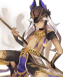  1boy animal_ears black_choker black_headwear choker cyno_(genshin_impact) egyptian_clothes foot_out_of_frame genshin_impact gold_necklace hair_between_eyes highres holding holding_polearm holding_weapon jackal_ears jewelry kilt long_hair male_focus midriff necklace orange_eyes polearm solo spread_legs squatting staff_of_the_scarlet_sands_(genshin_impact) talesofmea tan triangular_headpiece weapon white_hair 