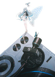  arms_behind_back black_jacket blue_butterfly blue_flower blue_hair blunt_bangs breasts bug butterfly butterfly_wings dress female flower flower_wreath from_side grey_hair head_wreath headphones highres insect_wings jacket long_hair low-tied_long_hair machinery medium_breasts multicolored_hair open_clothes open_jacket orange_flower original record reoen scratches shoes single_wing solo standing twintails two-tone_hair very_long_hair white_background white_dress white_flower wings 