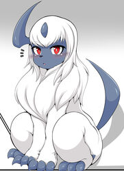  absol absurd_res ambiguous_gender blush emanata eyebrow_through_hair eyebrows feral fur generation_3_pokemon hair hi_res horn looking_at_viewer megane_inu nintendo open_mouth pokemon pokemon_(species) red_eyes simple_background sitting solo surprise translucent translucent_hair white_background white_body white_fur 