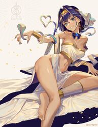  absurdres barefoot blue_eyes bow bowtie breasts cobra_(animal) earrings feet female foot_out_of_frame gold_headband grin highres hololive hololive_english jewelry legs looking_at_viewer lying medusaronii_(ouro_kronii) midriff nail_polish navel official_alternate_costume on_side ouro_kronii purple_hair purple_nails santafe99 short_hair smile snake snake_hair soles solo toes twitter_username virtual_youtuber 