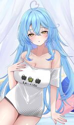  ahoge bare_shoulders black_shorts blue_hair blush breasts cleavage commentary commission cosplay cowboy_shot crossed_bangs curtains female hair_between_eyes hand_on_own_chest heart heart_ahoge highres hololive large_breasts light_blue_hair long_hair looking_at_viewer multicolored_hair nerorigogo off-shoulder_shirt off_shoulder parted_lips pink_hair shirt shishiro_botan shishiro_botan_(casual) shishiro_botan_(cosplay) short_shorts shorts sidelocks sitting skeb_commission solo virtual_youtuber white_shirt yellow_eyes yukihana_lamy 