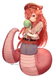  absurdres aged_down belt beret closed_mouth commentary commission denim english_commentary female full_body hat hat_ornament highres holding holding_stuffed_toy hug jacket kyeryu0 lamia long_hair looking_at_viewer miia_(monster_musume) monster_girl monster_musume_no_iru_nichijou pointy_ears red_hair red_shirt scales shirt simple_background skirt slit_pupils smile solo stuffed_animal stuffed_snake stuffed_toy twitter_username very_long_hair white_background yellow_eyes 