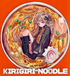  black_footwear black_jacket black_ribbon boots bowl braid commentary danganronpa:_trigger_happy_havoc danganronpa_(series) female food from_side gloves hair_ribbon highres in_food jacket kara_aren kirigiri_kyoko knee_boots knees_up long_hair long_sleeves looking_at_viewer necktie noodles pleated_skirt purple_eyes purple_hair ramen ribbon side_braid single_braid skirt solo symbol-only_commentary 