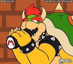  2_horns absurd_res anthro bowser brick_wall clothing collar digital_media_(artwork) ehomaki food hair hi_res horn koopa makizushi male mario_bros nintendo red_hair scalie shell simple_background solo spaca spiked_shell spikes spikes_(anatomy) sushi text url wall_(structure) 