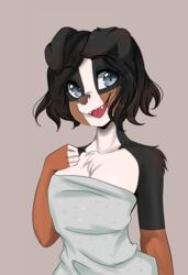  absurd_res anthro arm_tuft bernese_mountain_dog big_breasts biped black_body black_ears black_fur black_hair black_nose blue_eyes breasts brown_body brown_fur canid canine canis chest_tuft domestic_dog eyebrows fangs female fingerless_(marking) fingers floppy_ears front_view fur hair half-length_portrait hi_res liamruko looking_at_another mammal molosser mountain_dog multicolored_body multicolored_fur nipples open_mouth pink_nipples portrait shoulder_tuft smile snout solo swiss_mountain_dog teeth tongue towel towel_only towel_wrap tuft white_body white_fur winter_nights 