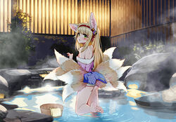  animal_ears arknights ass back barefoot blonde_hair bucket eyelashes feet female fox_ears fox_girl fox_tail from_behind green_eyes hair_ornament hairband hand_up highres japanese_clothes kimono kitsune legs long_hair looking_at_viewer looking_back multiple_tails nail_polish off_shoulder onsen open_mouth pink_kimono plant qiufengxiaose red_hairband red_ribbon ribbon ripples short_kimono sidelocks soles solo standing standing_on_one_leg steam suzuran_(arknights) suzuran_(yukibare)_(arknights) tail thighs toenail_polish toenails toes wading water 