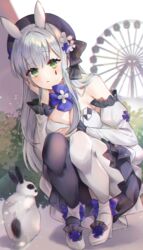  animal animal_ears asymmetrical_legwear bare_shoulders beret blush breasts cleavage commentary detached_sleeves dress english_commentary female ferris_wheel frills girls&#039;_frontline green_eyes hand_on_own_cheek hand_on_own_face hat high_heels highres hk416_(girls&#039;_frontline) hk416_(herbal-flavored_hard_candy)_(girls&#039;_frontline) large_breasts long_hair mismatched_legwear official_alternate_costume open_mouth poho puffy_sleeves rabbit rabbit_ears strapless strapless_dress teardrop_tattoo very_long_hair white_hair 