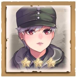  closed_mouth coat commentary company_of_heroes earrings female german_army green_hat hat jewelry lips looking_at_viewer lowres military military_coat military_hat military_uniform original purple_hair red_eyes short_hair smile solo star_(symbol) uniform world_war_ii zhainan_s-jun 