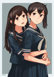  2girls akagi_(kantai_collection) alternate_costume bangs banned_artist blue_serafuku blue_skirt blush breasts brown_hair kaga_(kantai_collection) kantai_collection long_hair makio_(makiomeigenbot) multiple_girls open_mouth ponytail sailor_collar school_uniform serafuku short_sleeves side_ponytail signature simple_background skirt two-tone_background white_legwear 