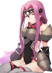  absurdres armor black_gloves black_leotard bow braid breastplate collar fate/grand_order fate_(series) female gloves hair_intakes hairbow headband highres leotard long_braid long_hair medusa_(fate) medusa_(lancer)_(fate) nanao_(aoyamahikari) ponytail purple_eyes purple_hair ribbon simple_background solo thigh_strap thighhighs very_long_hair white_background 