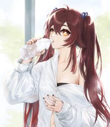  black_nails bottle breasts brown_hair cleavage commentary drinking female genshin_impact highres holding holding_bottle hu_tao_(genshin_impact) jewelry long_hair multiple_rings nail_polish partially_unbuttoned raku_(clearpage) red_eyes ring shirt shirt_slip solo symbol-shaped_pupils twintails very_long_hair water water_bottle white_shirt 