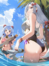  1boy 2girls absurdres ass ass_focus aunt_and_nephew bare_arms black_one-piece_swimsuit blue_eyes blue_hair blue_shorts blue_sky blush breasts chongyun_(genshin_impact) cloud crop_top day earrings flower from_behind from_below ganyu_(genshin_impact) genshin_impact grey_hair gun hair_flower hair_ornament hair_over_one_eye highleg highres holding holding_gun holding_weapon horns jewelry kawa683 long_hair looking_at_viewer looking_back looking_down medium_breasts micro_shorts multiple_girls one-piece_swimsuit outdoors palm_tree panty_straps parted_lips purple_eyes red_flower sandals see-through shenhe_(genshin_impact) shirt shorts sky smile standing striped_clothes striped_shirt swimsuit tassel tassel_earrings thick_thighs thigh_strap thighs tree unworn_sandals very_long_hair wading water weapon wet white_flower 