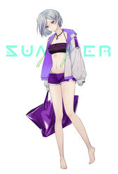  absurdres bag bare_legs barefoot bikini bikini_under_clothes black_bikini breasts cleavage closed_mouth collarbone contender_(girls&#039;_frontline) danxing_aipangzi dolphin_shorts female full_body girls&#039;_frontline grey_hair halterneck highres holding holding_bag jacket jewelry long_sleeves midriff multicolored_hair navel necklace open_clothes open_jacket parted_bangs purple_eyes purple_shorts short_hair short_shorts shorts small_breasts solo stomach streaked_hair swimsuit white_jacket 