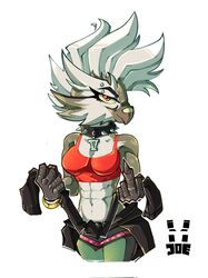  abs anthro avian bandage_on_beak beak bird breasts clothed clothing collar crusaderjoe digital_media_(artwork) eyebrow_piercing facial_piercing female hi_res joy_(shammy) muscular muscular_anthro muscular_female owl piercing simple_background solo spiked_collar spikes topwear 