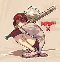  bandaged_fingers bandages baseball_bat baseball_helmet baseball_uniform breasts commentary dirty dirty_clothes edpan female fingernails from_side full_body grey_hair hair_through_headwear helmet highres holding holding_baseball_bat long_sleeves looking_at_viewer medium_breasts neku_(edpan) original red_eyes red_headwear red_shorts shoes shorts sneakers solo sportswear squatting 