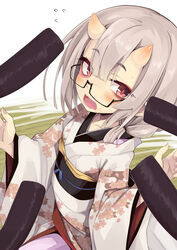  black-framed_eyewear blush commentary_request ehoumaki fangs female floral_print flying_sweatdrops food glasses grey_hair hair_between_eyes highres horns japanese_clothes kimono kiyu_(ogami_kazuki) long_hair long_sleeves looking_at_viewer makizushi obi obiage obijime ogami_kazuki oni oni_horns open_mouth original print_kimono sash semi-rimless_eyewear setsubun sexually_suggestive solo sushi teeth under-rim_eyewear upper_teeth_only white_kimono wide_sleeves 