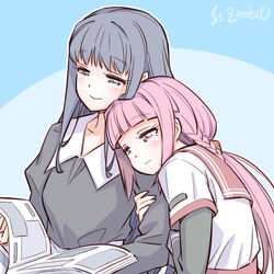  2girls aqua_eyes arm_grab artist_name blue_hair braid kamihama_university_affiliated_school_uniform leaning_on_person light_smile long_hair magia_record:_mahou_shoujo_madoka_magica_gaiden mahou_shoujo_madoka_magica multiple_girls nanami_yachiyo pink_eyes pink_hair reading school_uniform serafuku studiozombie tamaki_iroha upper_body yuri 