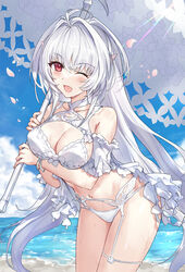  ahoge asle bare_shoulders beach bikini blue_sky breasts cleavage fate/grand_order fate_(series) female frilled_bikini frills highres lady_avalon_(fate) lady_avalon_(second_ascension)_(fate) large_breasts long_hair looking_at_viewer merlin_(fate/prototype) navel one_eye_closed open_mouth outdoors parasol purple_eyes shore sky smile solo swimsuit thighs umbrella very_long_hair white_bikini white_hair 