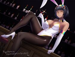  alcohol animal_ears arm_support bar_(place) black_hair black_pantyhose blush breasts brown_eyes commentary_request commission covered_navel cup dark-skinned_female dark_skin drinking_glass elbow_gloves fake_animal_ears female gloves grin hairband high_heels highres holding holding_cup large_breasts leotard looking_at_viewer original pantyhose parted_lips short_hair sitting skeb_commission smile solo tarmo teeth white_footwear white_gloves white_leotard wine wine_glass 