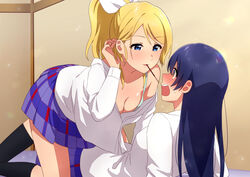  2girls absurdres ayase_eli blonde_hair blue_eyes blue_hair blush breasts cleavage commentary_request eye_contact food food_in_mouth hair_ribbon hand_in_own_hair highres long_hair long_sleeves looking_at_another love_live! love_live!_school_idol_project mouth_hold multiple_girls nanatsu_no_umi open_mouth otonokizaka_school_uniform partially_unbuttoned pocky pocky_kiss ponytail ribbon school_uniform shirt sonoda_umi swept_bangs white_shirt yellow_eyes yuri 