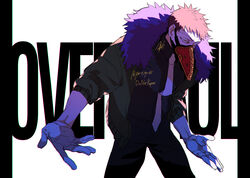  1boy azisaiharumaki56 black_shirt boku_no_hero_academia brown_hair character_name cowboy_shot feather_trim feathers gloves highres jacket looking_at_viewer male_focus mask mouth_mask necktie overhaul_(boku_no_hero_academia) plague_doctor_mask purple_feathers shirt short_hair signature solo twitter_username white_background white_gloves yellow_eyes 