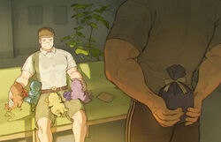  2boys alternate_costume back bara belt black_hair brown_hair chataro1412 couch couple creature devil_(housamo) feet_out_of_frame from_behind gift_bag gift_wrapping glasses green_shorts indoors male_focus motoori_shiro multiple_boys muscular muscular_male on_couch pants pectorals plant protagonist_3_(housamo) rimless_eyewear shirt short_hair shorts sitting smile sunlight thick_eyebrows tokyo_afterschool_summoners track_pants white_shirt yaoi 