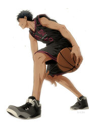  1boy aomine_daiki ball basketball basketball_(object) basketball_uniform blue_hair chinese_commentary dark-skinned_male dark_skin full_body highres holding holding_ball kuroko_no_basuke male_focus shoes short_hair shorts smile sneakers solo sportswear sweat toned toned_male white_background xuan_zhi_yue_ying 