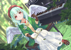  angel_wings beamed_eighth_notes book brown_footwear brown_gloves day dutch_angle feathered_wings female forest gloves green_hair hat highres holding holding_pen indie_virtual_youtuber instrument jewelry leaf long_hair long_skirt musical_note nature necklace open_book outdoors peanutcian pen piano piano_bench red_hair red_headwear sitting skirt sonidori_riri upright_piano virtual_youtuber white_skirt white_wings wings 