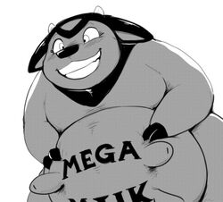  body_writing bovine commentary english_commentary english_text greyscale grin mega_milk meme miltank monochrome no_humans pokemon pokemon_(creature) simple_background smile solo udder white_background zoro_fab 