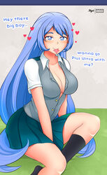  1girls big_breasts blue_eyes blue_hair cleavage clothed condom condom_in_mouth femdom hearts looking_at_viewer my_hero_academia nejire_hado seductive slight_blush talking_to_viewer yhw 