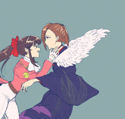  2girls black_eyes black_kimono blue_background bow brown_hair fingerless_gloves gloves hair_behind_ear hairbow hands_on_another&#039;s_face jacket japanese_clothes kamele kanzaki_sumire kimono looking_at_another mole mole_under_eye multiple_girls open_mouth pants pink_jacket red_bow sakura_taisen shin_sakura_taisen shinguuji_sakura short_hair time_paradox white_gloves white_pants wings 