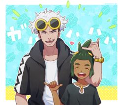  2boys :d black_hair black_hoodie black_shirt closed_eyes commentary_request grey_hair guzma_(pokemon) hand_up hau_(pokemon) heart hood hoodie male_focus multicolored_hair multiple_boys open_clothes open_hoodie open_mouth outline pokemon pokemon_sm pose sewenan shirt short_sleeves smile sunglasses teeth tongue two-tone_hair undercut watch white_shirt wristwatch yellow-framed_eyewear 