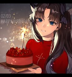  bad_id bad_twitter_id black_hair blue_eyes blush breasts brown_hair cake candle commentary_request dated fate/stay_night fate_(series) female food hair_ribbon happy_birthday highres holding letterboxed long_hair long_sleeves looking_at_viewer medium_breasts parted_lips red_sweater ribbon shimatori_(sanyyyy) smile solo sweater tohsaka_rin two_side_up upper_body 