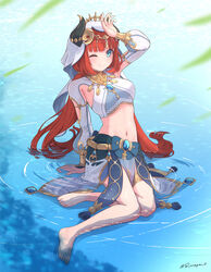  ;) absurdres arm_support arm_up barefoot blue_eyes blue_skirt breasts brooch commentary_request crop_top fake_horns female genshin_impact highres horns jewelry long_hair long_sleeves looking_at_viewer medium_breasts midriff navel neck_ring nilou_(genshin_impact) one_eye_closed red_hair s-masa_7131 sitting skirt smile solo stomach thighlet veil very_long_hair water 