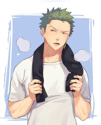  1boy alternate_costume black_towel commentary_request earrings green_hair holding holding_towel jewelry looking_at_viewer male_focus narrowed_eyes one_piece open_mouth protected_link roronoa_zoro shironegi_zzz shirt short_hair sideburns simple_background single_earring solo sweat towel towel_around_neck upper_body white_shirt 