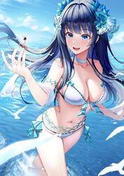  1boy :d apple_(luffy123) bikini bird blue_eyes blue_hair breasts choker cleavage cloud day female floating_hair flower giant giantess hair_flower hair_intakes hair_ornament hair_ribbon korean_commentary long_hair male_swimwear navel on_finger original outdoors ribbon ribbon-trimmed_bikini side-tie_bikini_bottom size_difference sky smile splashing swim_trunks swimsuit teeth upper_teeth_only very_long_hair wading water white_bikini 