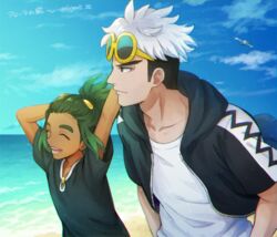  2boys beach black_hair black_hoodie black_shirt closed_eyes cloud commentary_request day eyewear_on_head guzma_(pokemon) hau_(pokemon) hood hoodie male_focus multicolored_hair multiple_boys open_clothes open_hoodie open_mouth outdoors pokemon pokemon_(creature) pokemon_sm sand sewenan shirt shore short_sleeves sky smile sunglasses teeth tongue translation_request two-tone_hair undercut water white_shirt wingull yellow-framed_eyewear 