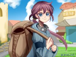  :&gt; absurdres artist_name backpack bag big_eyes blue_eyes blue_jacket blue_sky brown_bag building cloud commentary_request eiul female goggles goggles_around_neck grass highres holding_strap jacket korean_commentary long_sleeves low_ponytail original outdoors ponytail purple_hair sidelocks sky smile solo twitter_username upper_body 