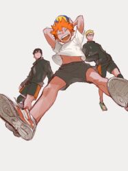  3boys 830_(hamio) ball black_hair black_jacket black_shorts blonde_hair closed_eyes from_below glasses haikyuu!! hands_in_pockets highres hinata_shouyou holding holding_ball jacket kageyama_tobio karasuno_volleyball_uniform knee_pads male_focus midriff_peek multiple_boys navel orange_hair shoes shorts simple_background smile sneakers sportswear tsukishima_kei volleyball volleyball_uniform white_background 