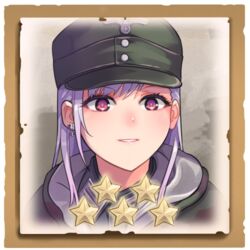  camouflage coat commentary company_of_heroes earrings female german_army green_hat grin hat jewelry long_hair looking_at_viewer lowres military military_coat military_hat military_uniform original purple_eyes purple_hair single_earring smile solo star_(symbol) teeth uniform zhainan_s-jun 