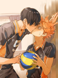  2boys 830_(hamio) against_wall ball black_hair curtains haikyuu!! hinata_shouyou holding holding_ball kabedon kageyama_tobio karasuno_volleyball_uniform kissing looking_at_another male_focus messy_hair multiple_boys orange_eyes orange_hair sportswear sweatdrop volleyball volleyball_(object) volleyball_uniform yaoi 