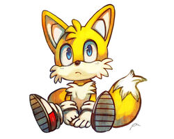  1boy blue_eyes bluekomadori english_commentary fox_boy furry furry_male gloves highres looking_at_viewer male_focus multiple_tails red_footwear simple_background sitting solo sonic_(series) tail tails_(sonic) traditional_media two_tails white_background white_gloves 