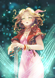  aerith_gainsborough bangle blush bo_staff bracelet breasts brown_hair choker cleavage cowboy_shot cropped_jacket dress fadingz female final_fantasy final_fantasy_vii final_fantasy_vii_remake flower_choker green_eyes hair_ribbon half-closed_eyes highres holding holding_staff jacket jewelry lifestream long_hair looking_at_viewer medium_breasts parted_bangs parted_lips pink_dress pink_ribbon red_jacket ribbon short_sleeves sidelocks signature solo staff wavy_hair 